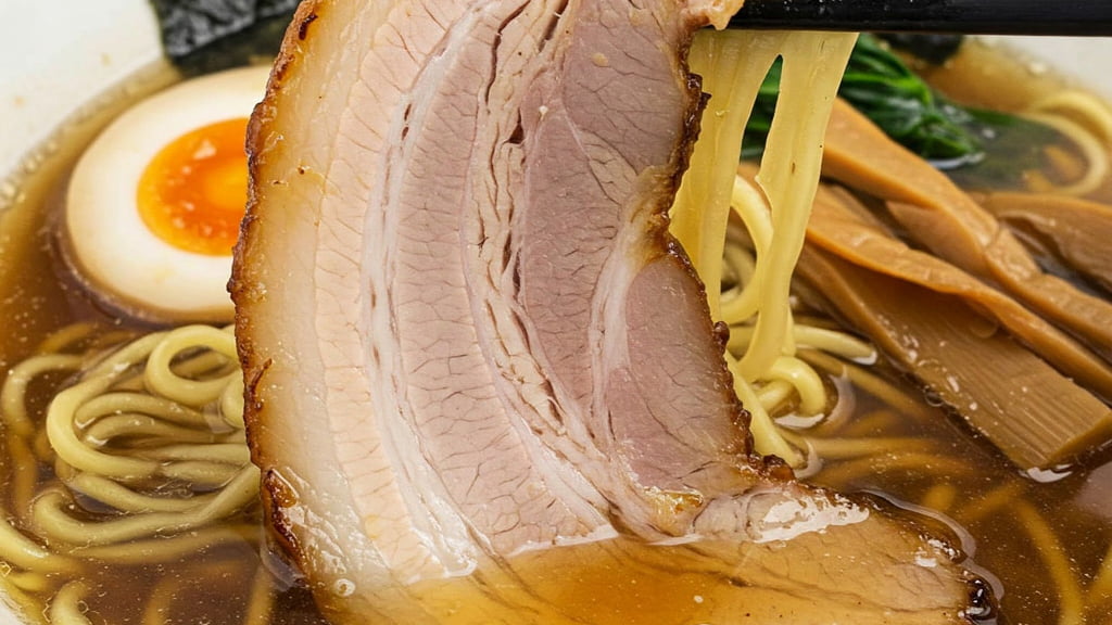 ラーメンに乗った大きなチャーシューを麵と一緒に箸で持ち上げている